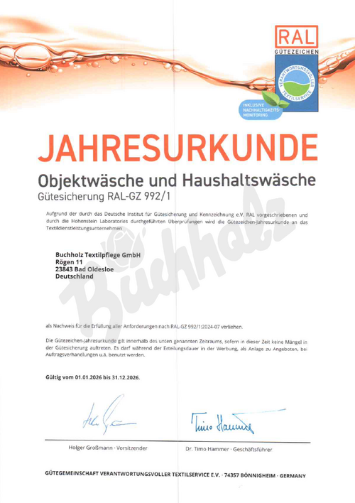 Jahresurkunde Objekt- und Haushaltswäsche RAL Gütezeichen RAL-GZ 992/1